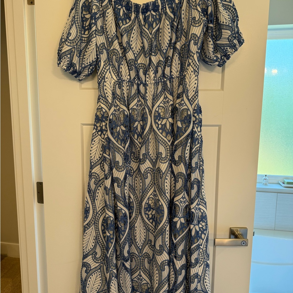 Shoshanna Blue and White Patterned Off Shoulder Dress - Brand New With Tags